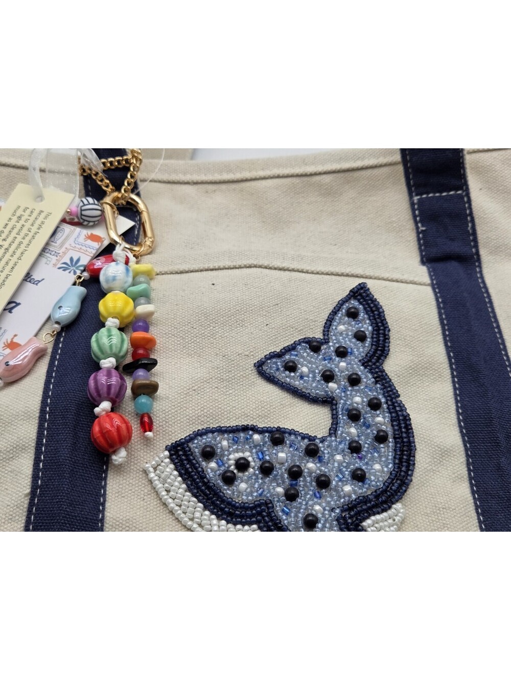 NWT TJ Maxx Canvas Whale Tote Bag Beaded Navy Beach Shopper Purse Zip Pouch - Picture 7 of 7